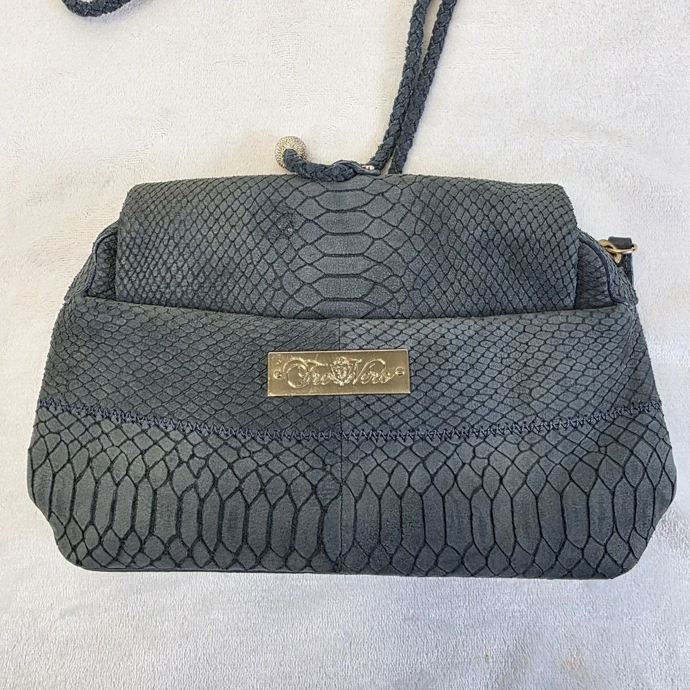 Tre Vero Python Purse Womens Handbag Midnight Blue Suede Accent Wrap Cord Clutch